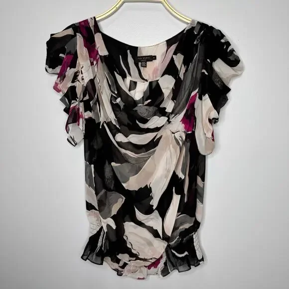 Ted Baker Blouse Size 8 Floral Chiffon Pullover Ruffle Sleeves Cowl Neck Top - Picture 2 of 10